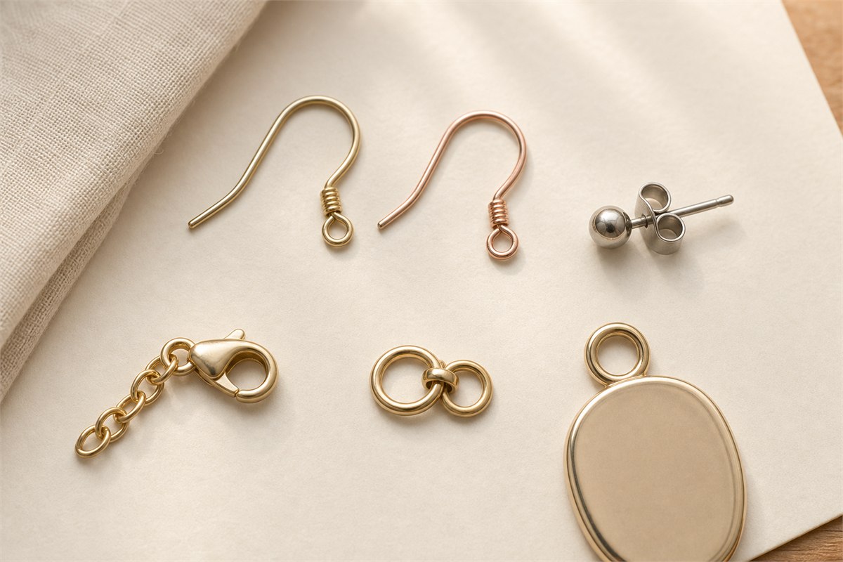 Two earring hooks, stud post and backing, clasp, jump-ring connection, and rounded pendant edge