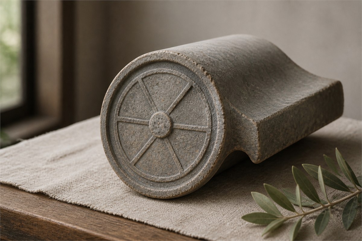 Round gray earthenware tile end attached to a short curved roof-tile segment