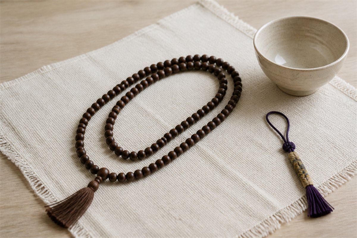 A long strand of polished wooden Buddhist prayer beads with a larger parent bead rests on plain linen.