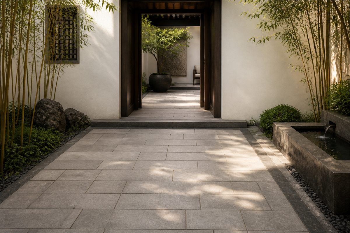 Warm-gray modular porcelain paving with a charcoal border in a bamboo courtyard