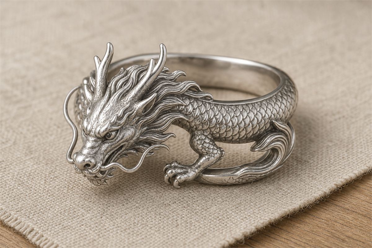 Platinum dragon ring with horns whiskers scales and a coiling body