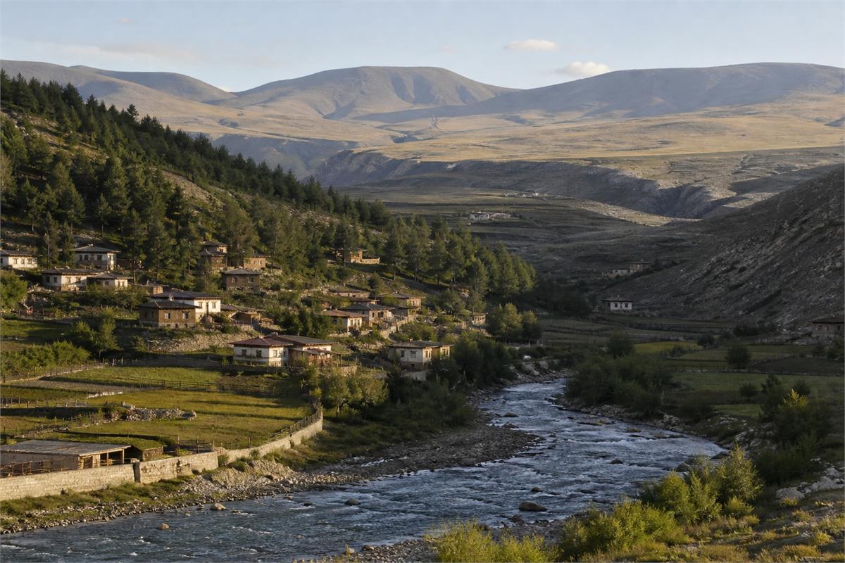 A forested mountain valley with a river, terraced fields, and a small village on the eastern Tibetan Plateau
