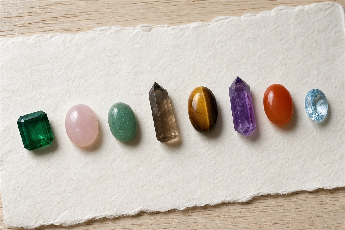 Emerald, rose quartz, green aventurine, smoky quartz, tiger’s eye, amethyst, carnelian, and aquamarine in a row.