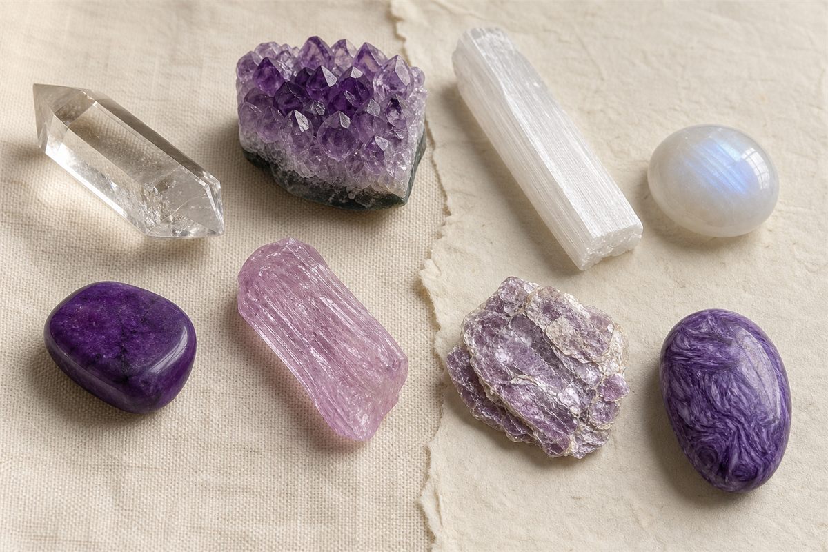 Eight distinct crown chakra stones including quartz, gypsum, moonstone, sugilite, kunzite, lepidolite, and charoite