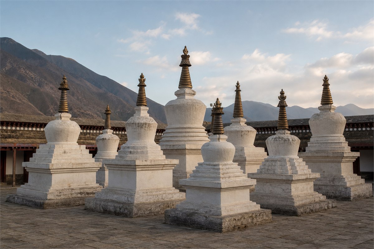 Group of white Tibetan commemorative chortens with varied bases and spires in a monastery courtyard