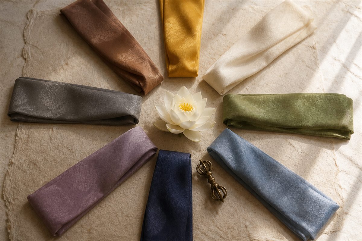 Eight muted silk ribbons arranged around a lotus on warm linen