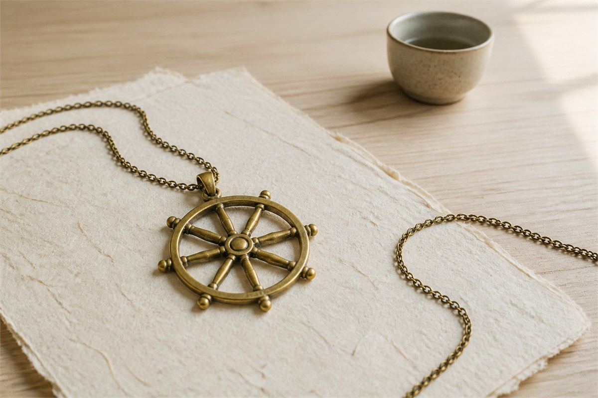 Aged brass eight-spoke Dharma wheel pendant on handmade paper in soft natural light