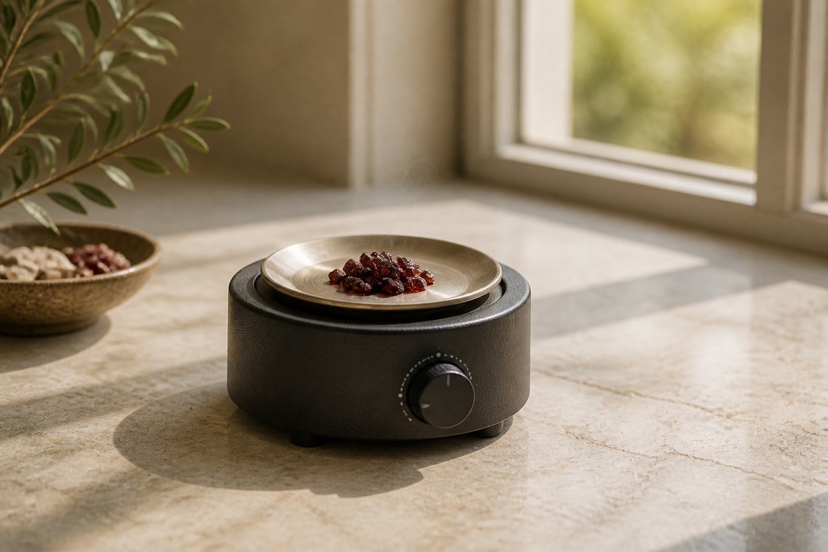 Dark red resin warming on the metal dish of a temperature-controlled electric heater near an open window