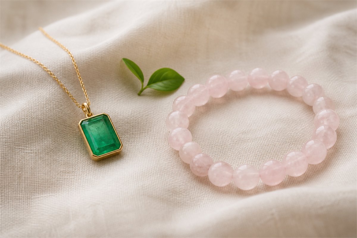 Green emerald pendant and pale pink rose quartz bracelet on ivory linen.