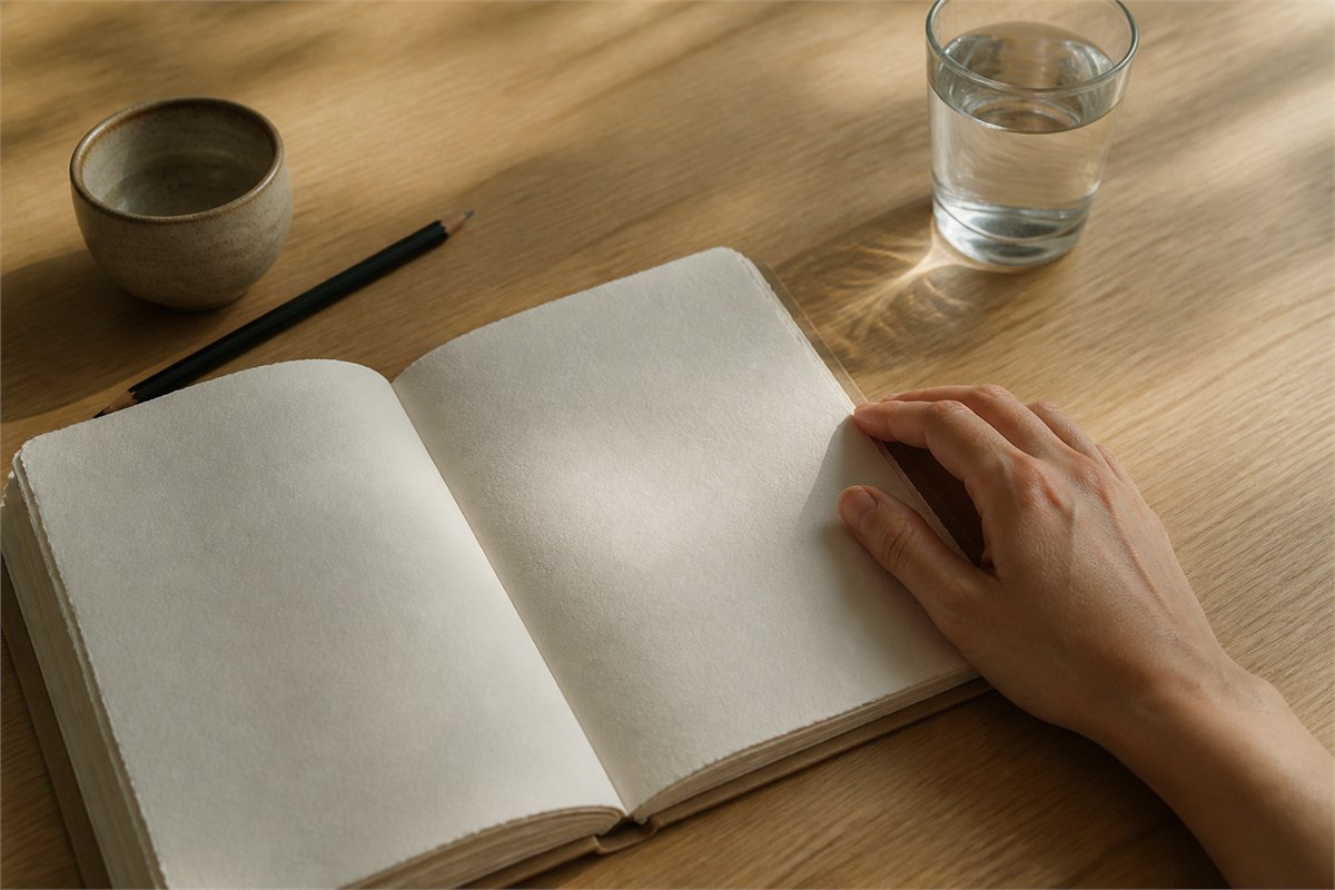 Adult hand resting beside a blank handmade-paper journal, pencil, ceramic cup, and glass of water