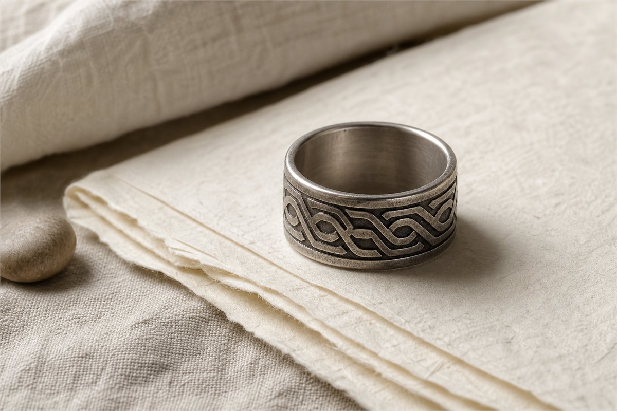 Wide oxidized silver-toned ring with a continuous text-free interlaced geometric motif