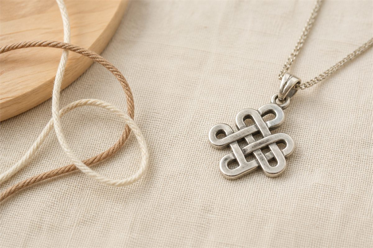 Silver endless-knot pendant beside two softly overlapping cords on neutral linen