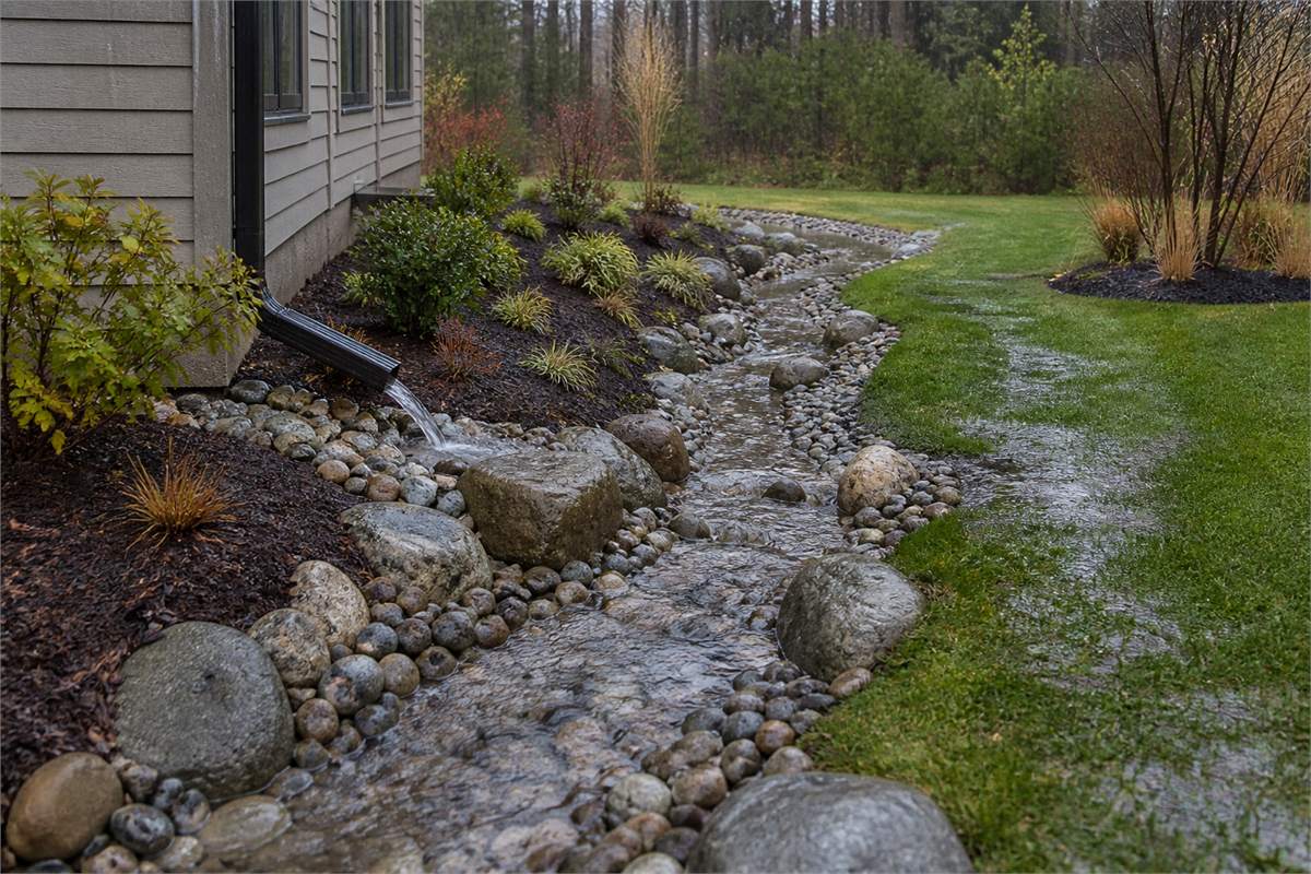 Rainwater flowing from a stabilized inlet through a stone-lined garden swale