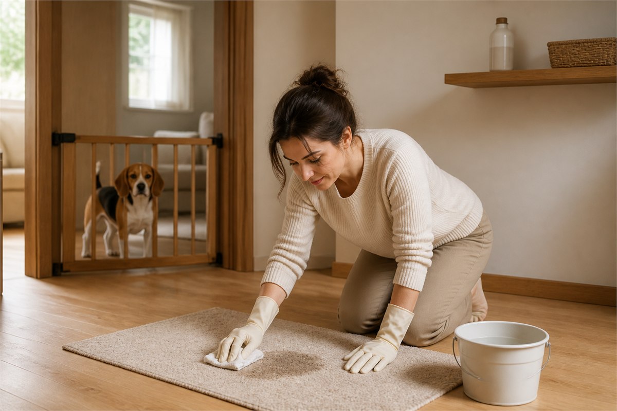Gloved person blot-cleaning a rug while cleaner is stored high and a dog stays behind a gate