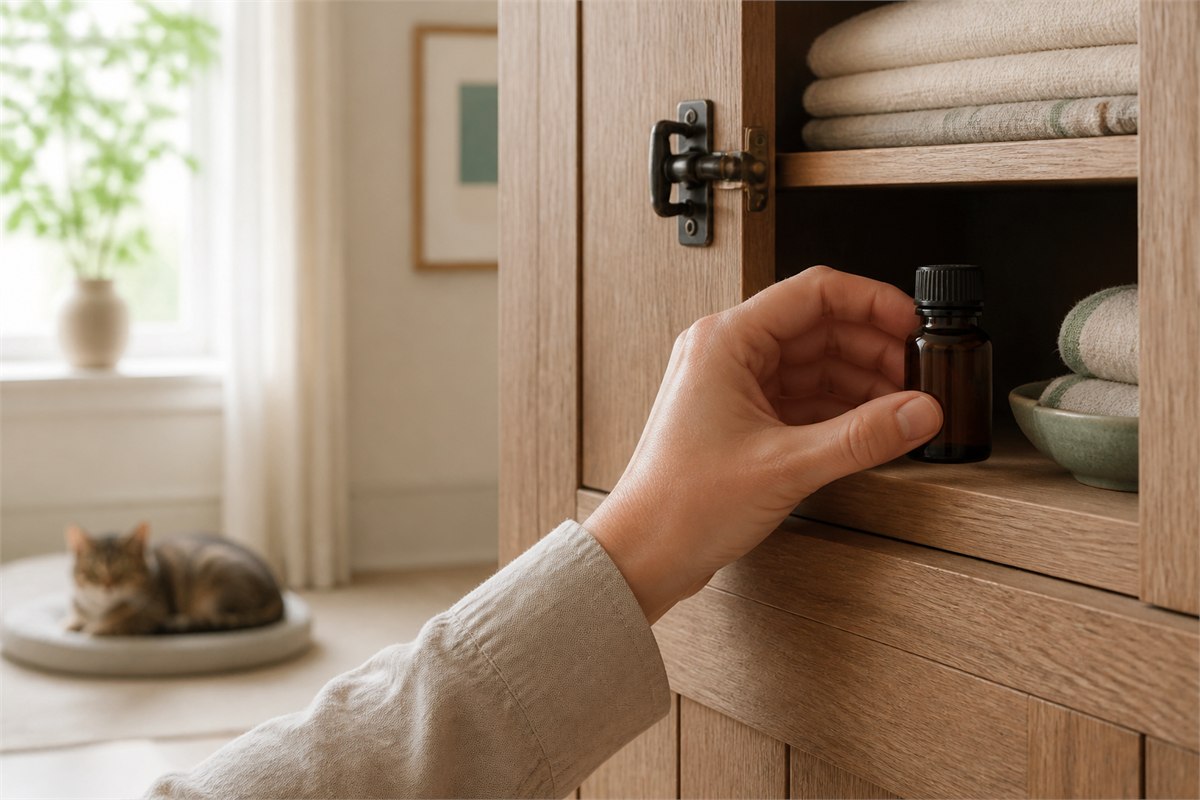 Hand placing a tightly capped amber bottle into a wooden cabinet while a cat rests in the background