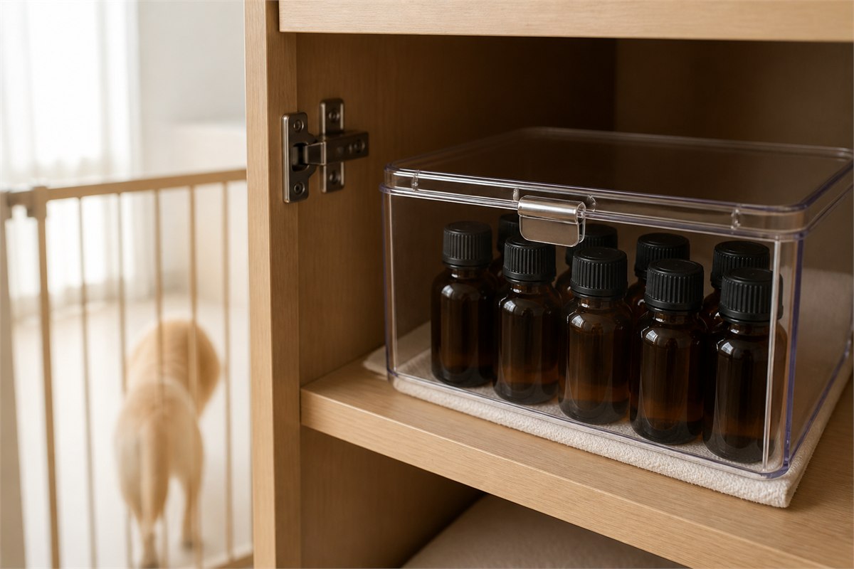 Capped amber bottles secured in a latched container away from a dog