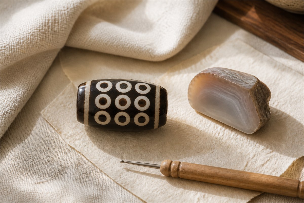 Modern etched-agate nine-eye bead beside chalcedony and simple craft tools