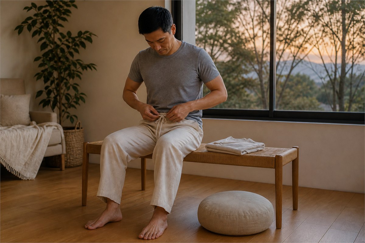 Adult preparing for an evening home meditation by tying a soft drawstring beside a cushion