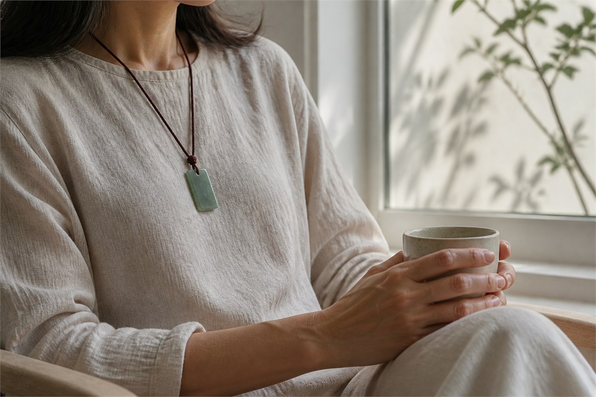 Adult wearing a plain rectangular pendant while holding a cup by a softly lit window