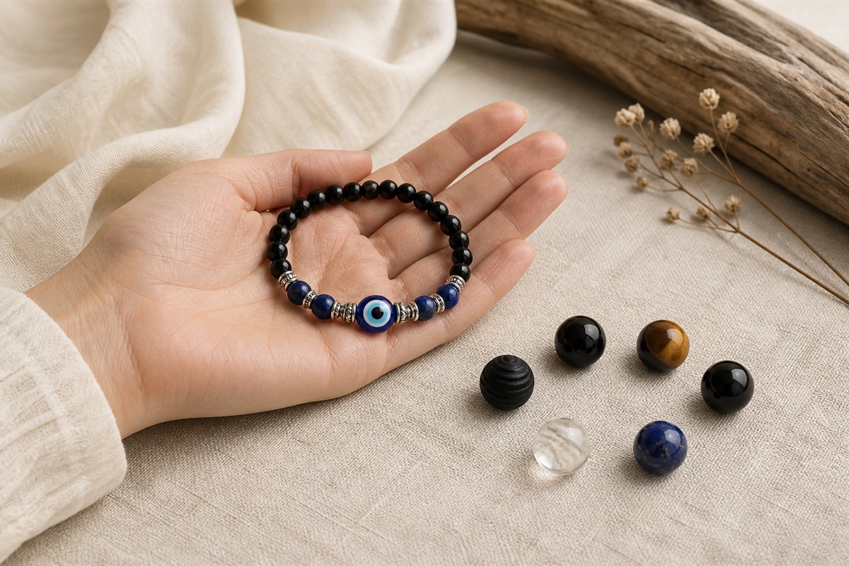 A hand holding a blue glass evil-eye bracelet beside six distinct stone beads on neutral linen.