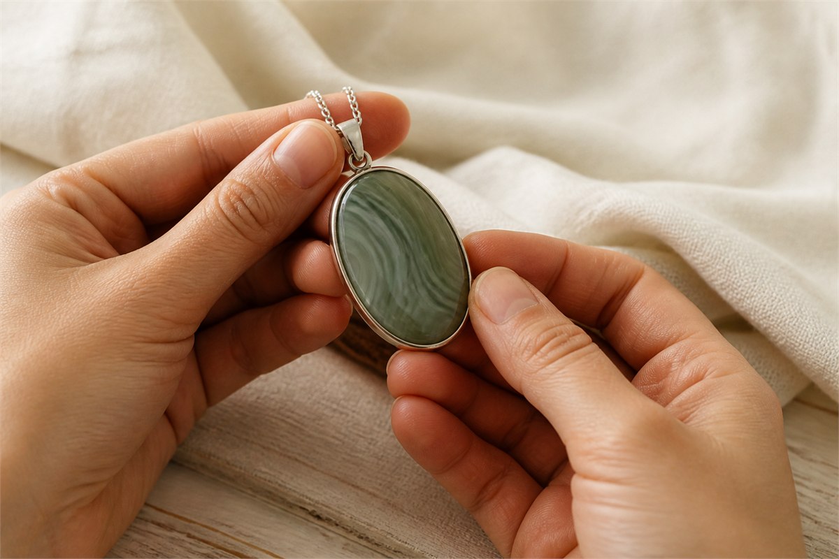 Two hands examining the edge, bail, and silver setting of a green banded agate pendant