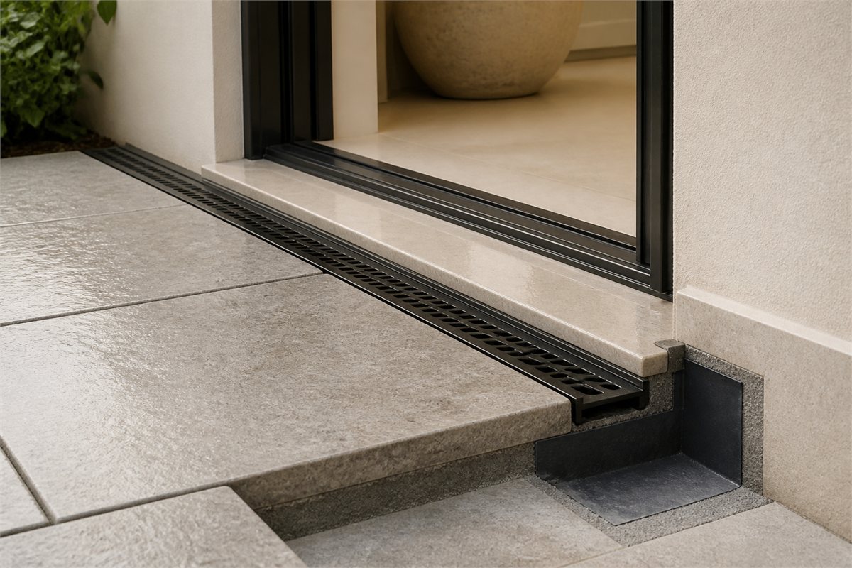 Outdoor porcelain pavers, linear drain, perimeter joint, and waterproofed doorway threshold
