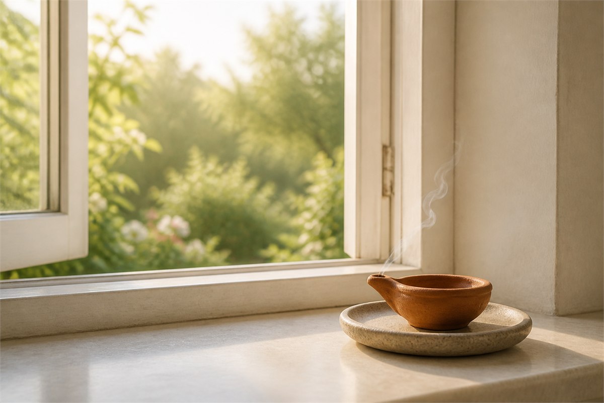Simple clay oil lamp just extinguished beside an open window at dawn