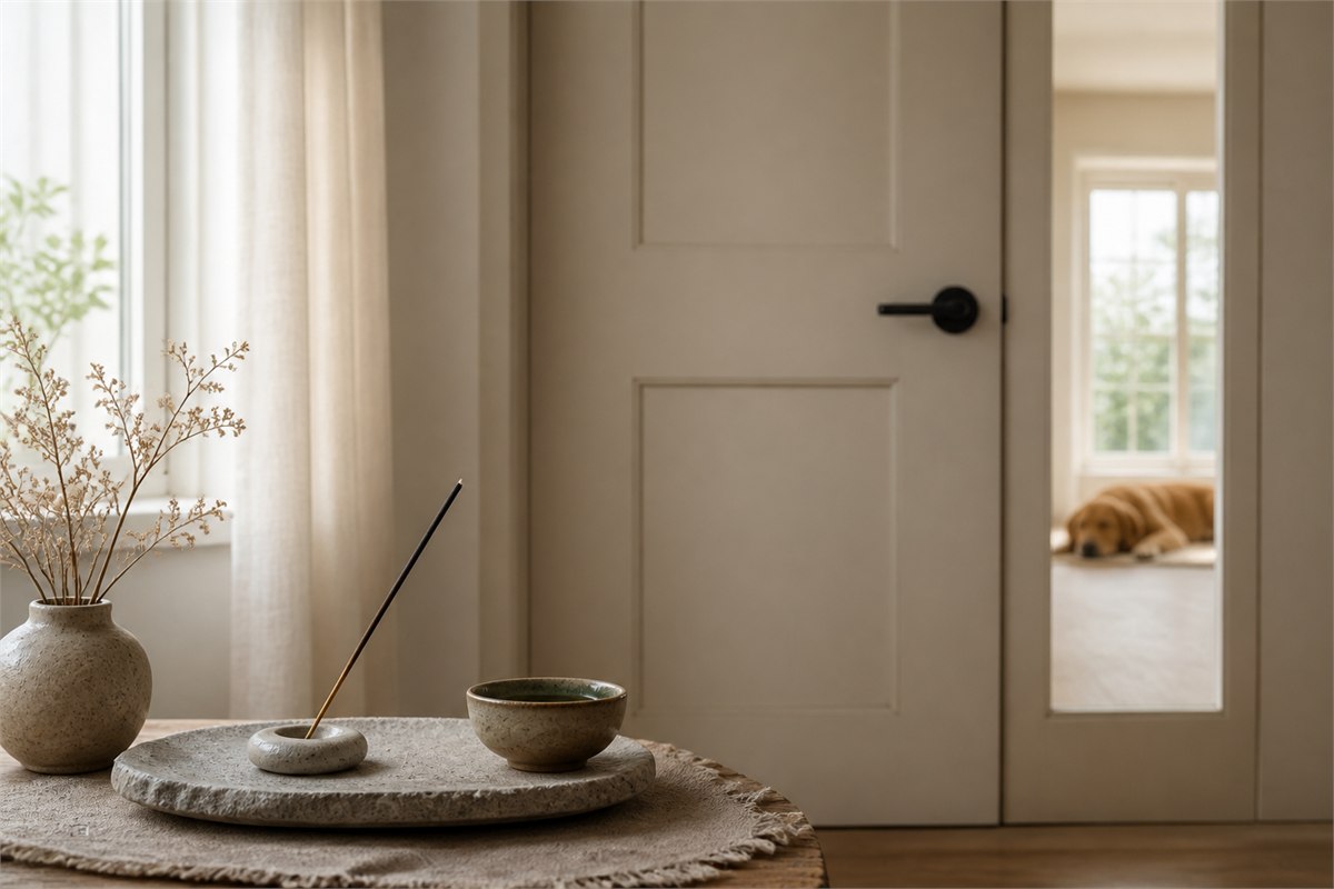 Extinguished incense stick by an open window with a dog resting in a separate room