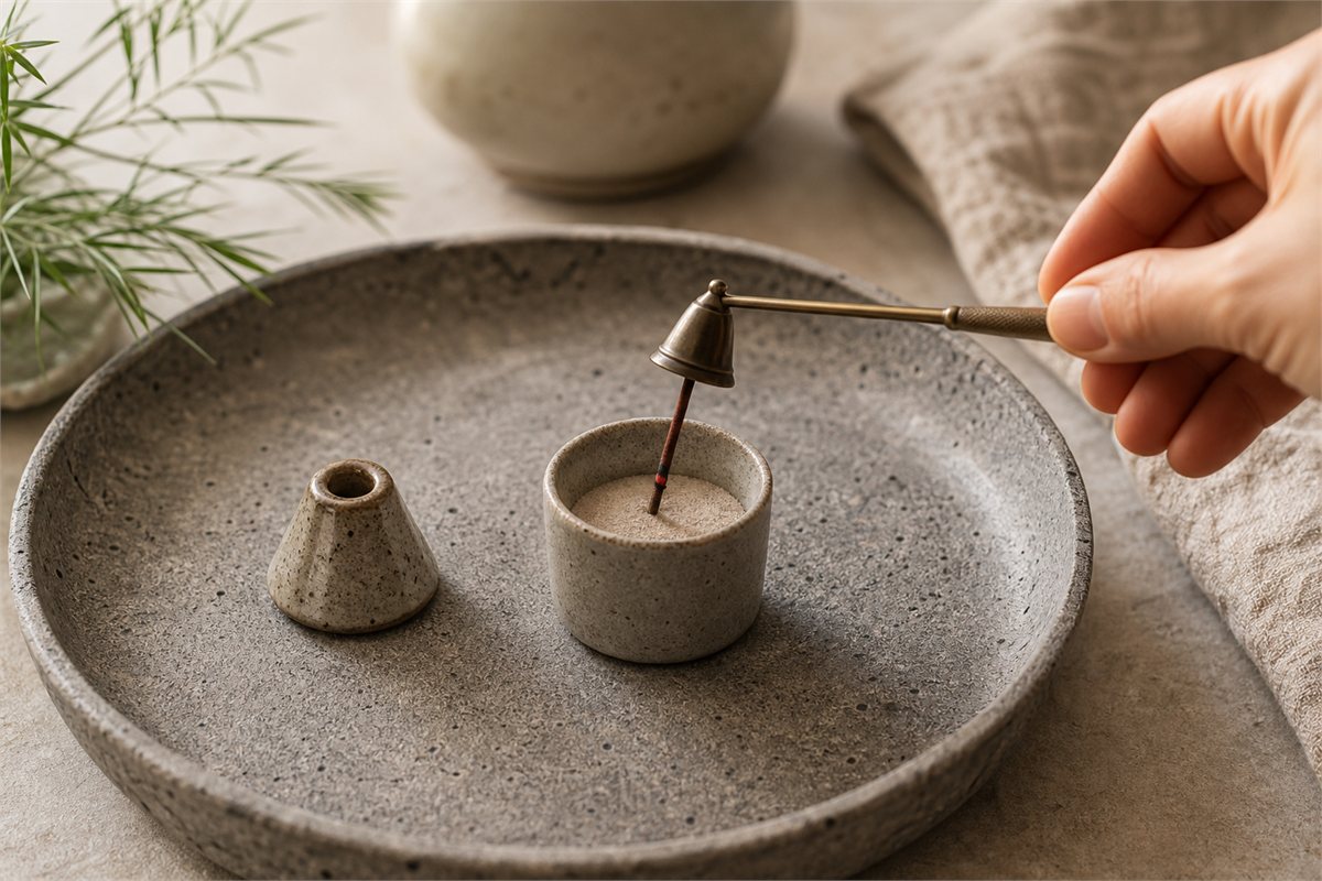 Adult hand using a metal tool while an incense ember is placed into clean sand inside a ceramic cup and stone tray