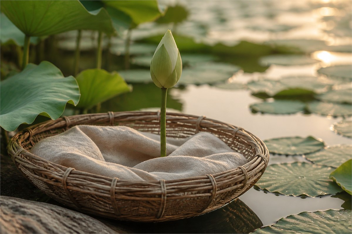 Closed lotus bud rising from a woven reed cradle beside a calm pond