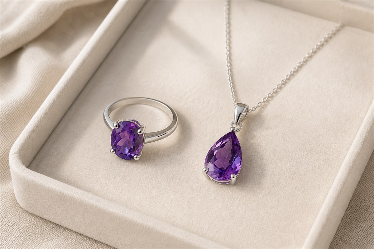 Oval amethyst ring and pear-shaped pendant in symmetrical silver prong settings on a cream jewelry tray