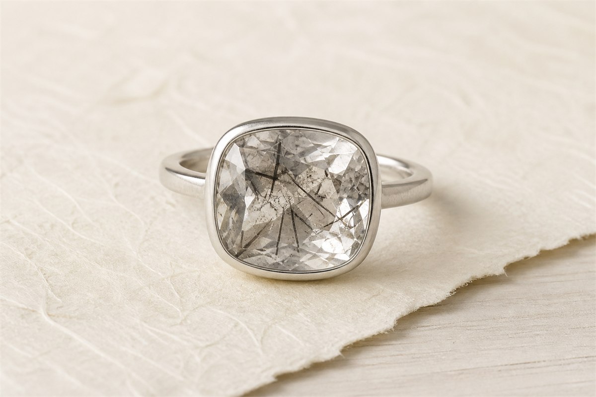 A faceted transparent included-quartz ring sits securely in a low warm-silver bezel on ivory paper.