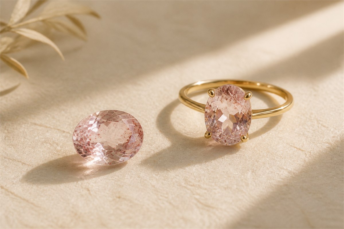 Loose faceted strawberry quartz stone beside a securely prong-set ring