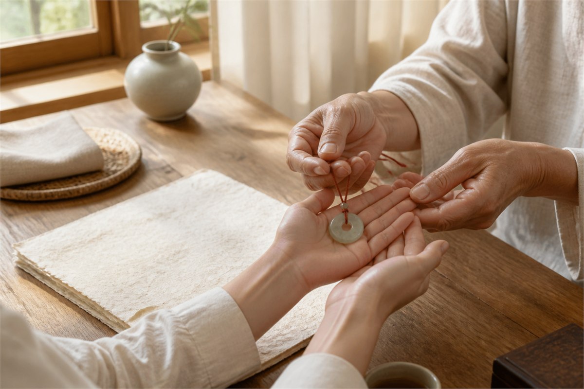 Two generations of hands passing an uninscribed pale jade ring pendant over a wooden table
