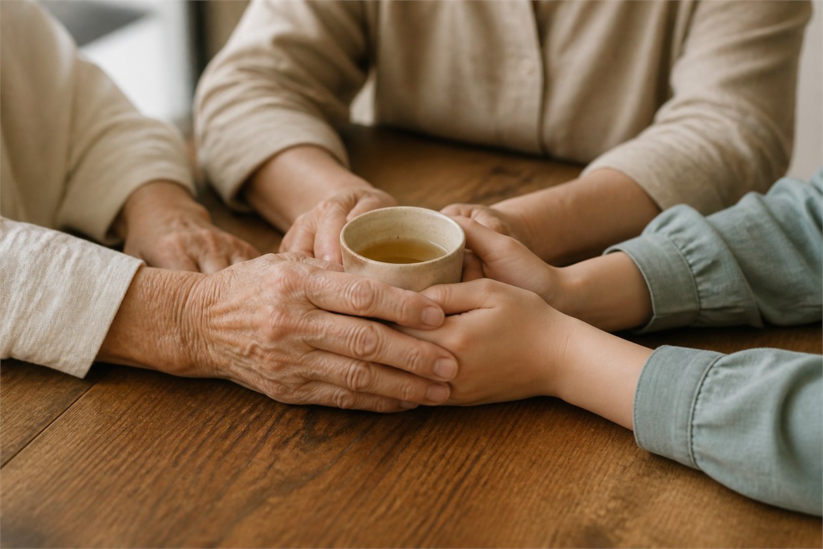 Older, adult, and young hands meeting around a ceramic tea cup on a wooden table