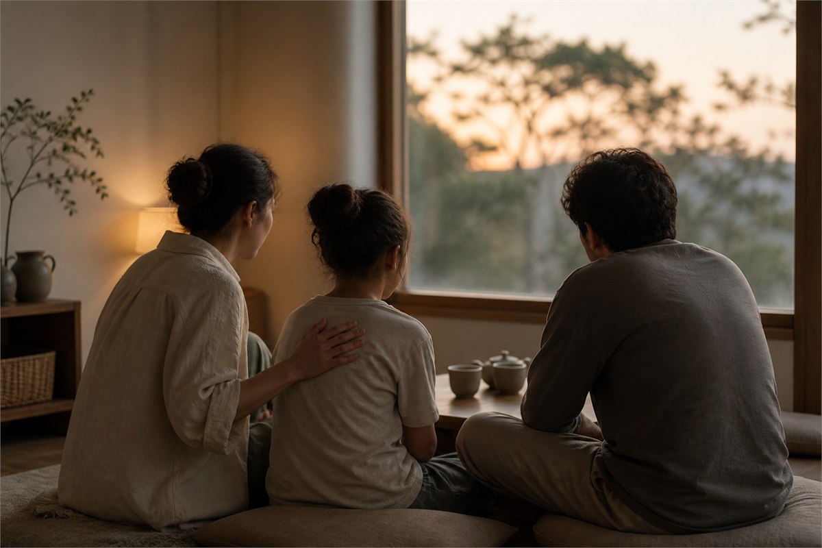 Three family members sitting together by a window as one rests a hand on the younger person’s shoulder