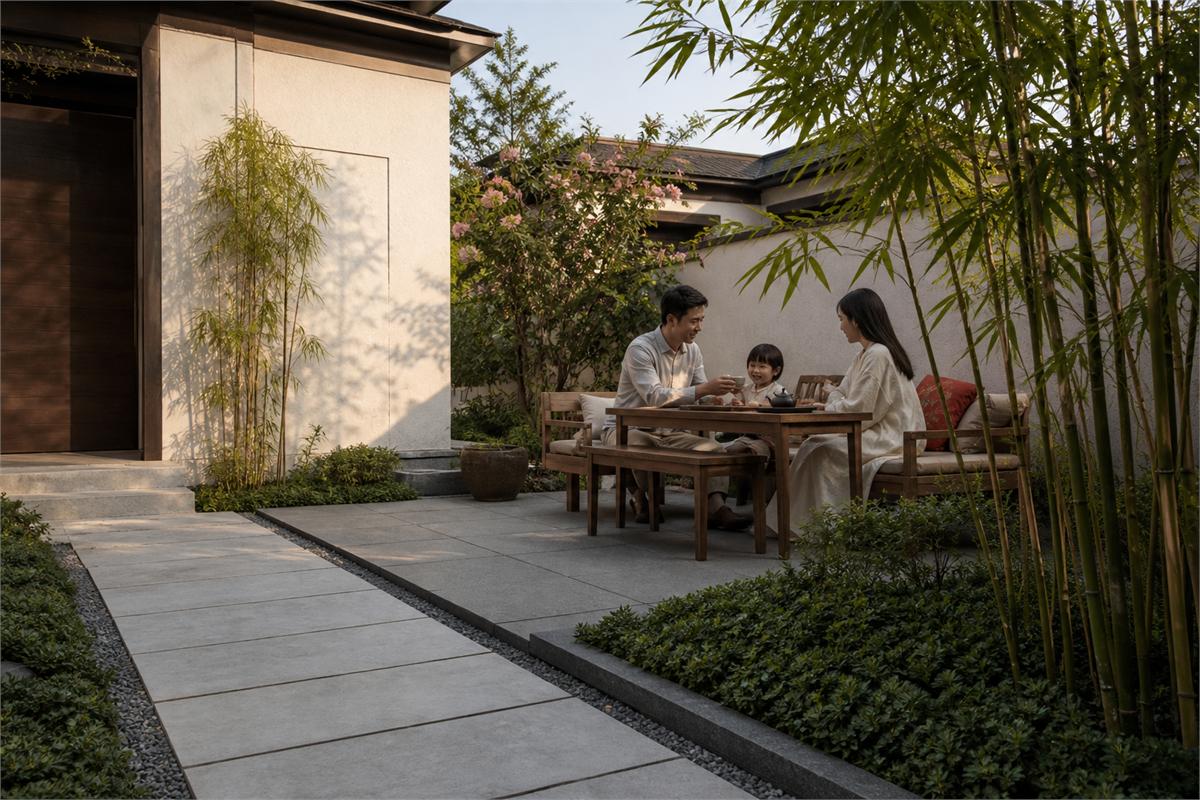 Family sharing tea at a wooden table in a porcelain-paved garden courtyard
