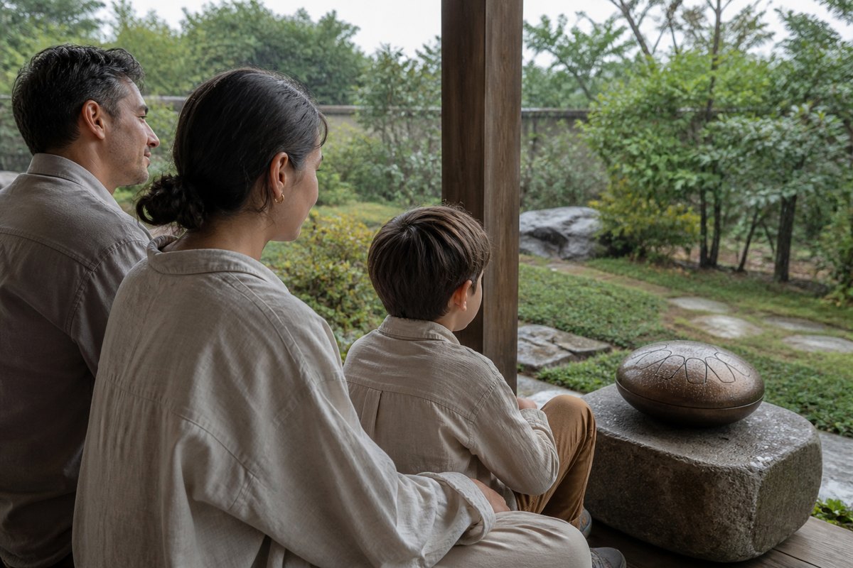 Two adults and a child listening from a covered veranda as rain plays an outdoor tongue drum