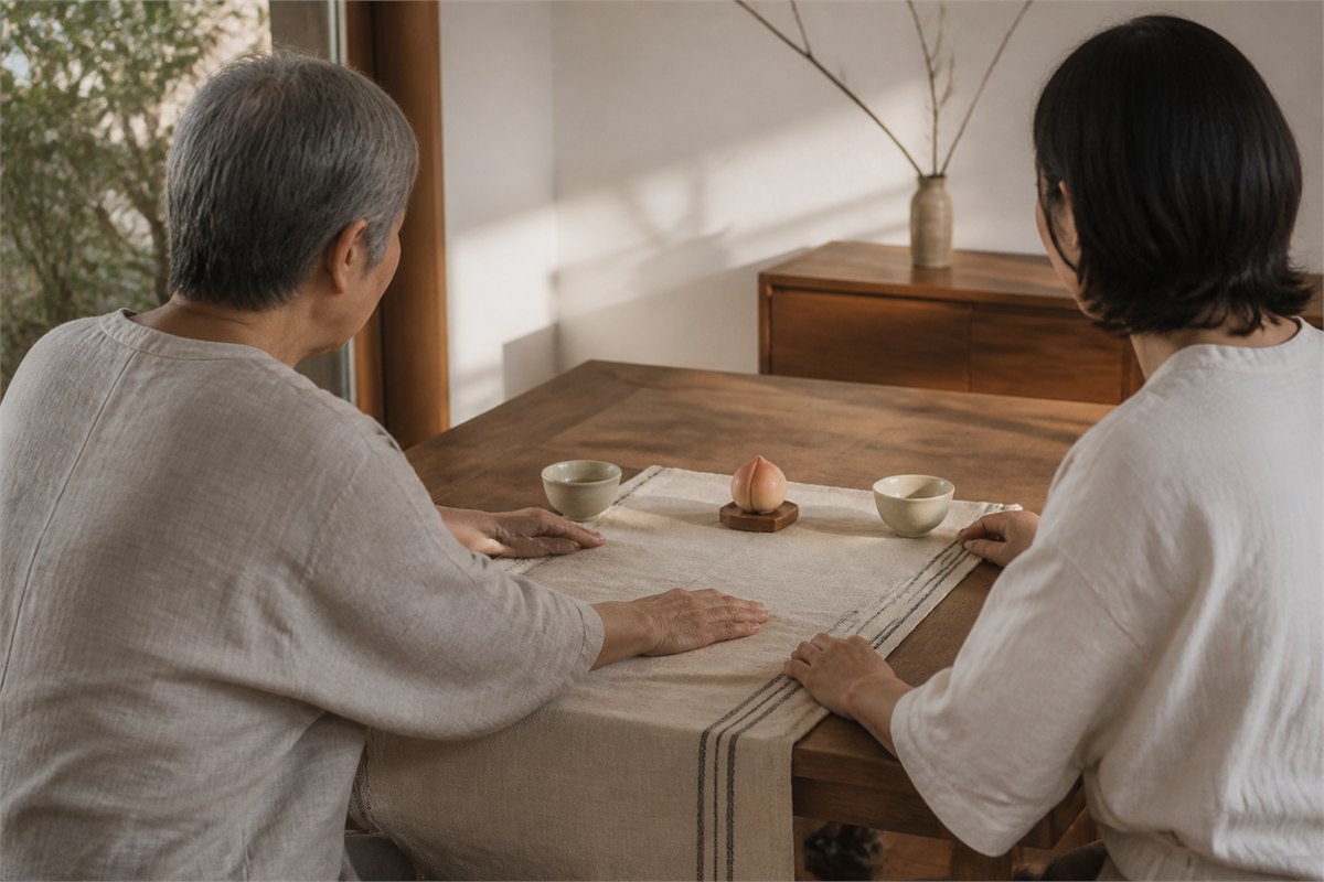 Older and younger adults seated together at a sunlit table with tea and a peach-shaped keepsake
