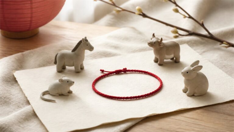 Red cord bracelet surrounded by ceramic horse, rat, ox, and rabbit figures in a warm New Year home setting