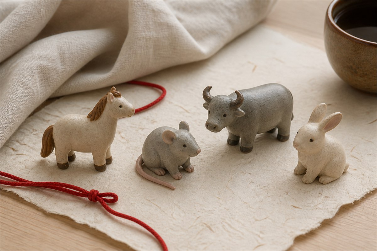 Ceramic horse, rat, ox, and rabbit figures arranged beside a red cord on handmade paper