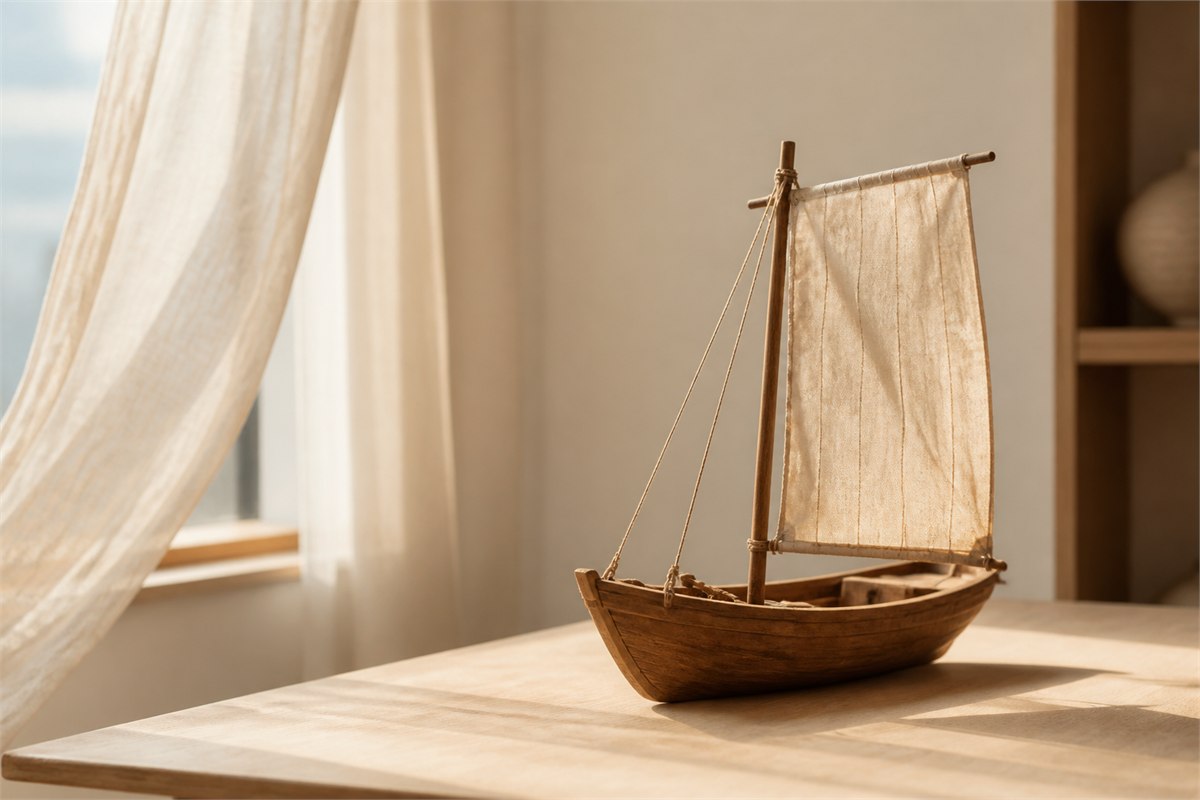 Single-sail wooden boat by a softly lit window with calm water beyond