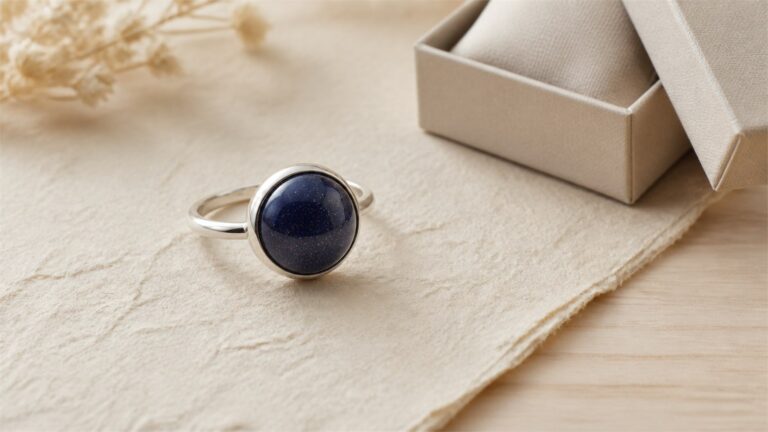 Blue goldstone ring in a silver bezel on warm ivory paper beside a neutral gift box