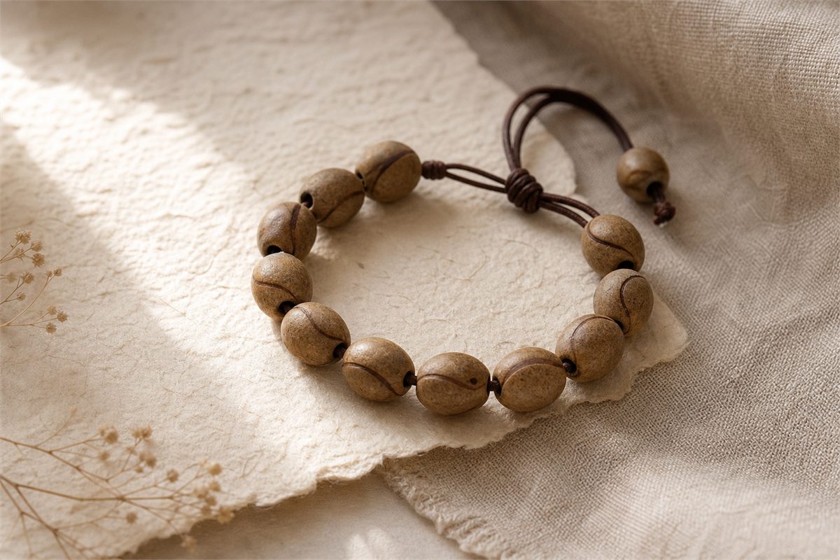 Tan oval Fengyan beads with irregular curved seam lines, drilled holes, and dark cord