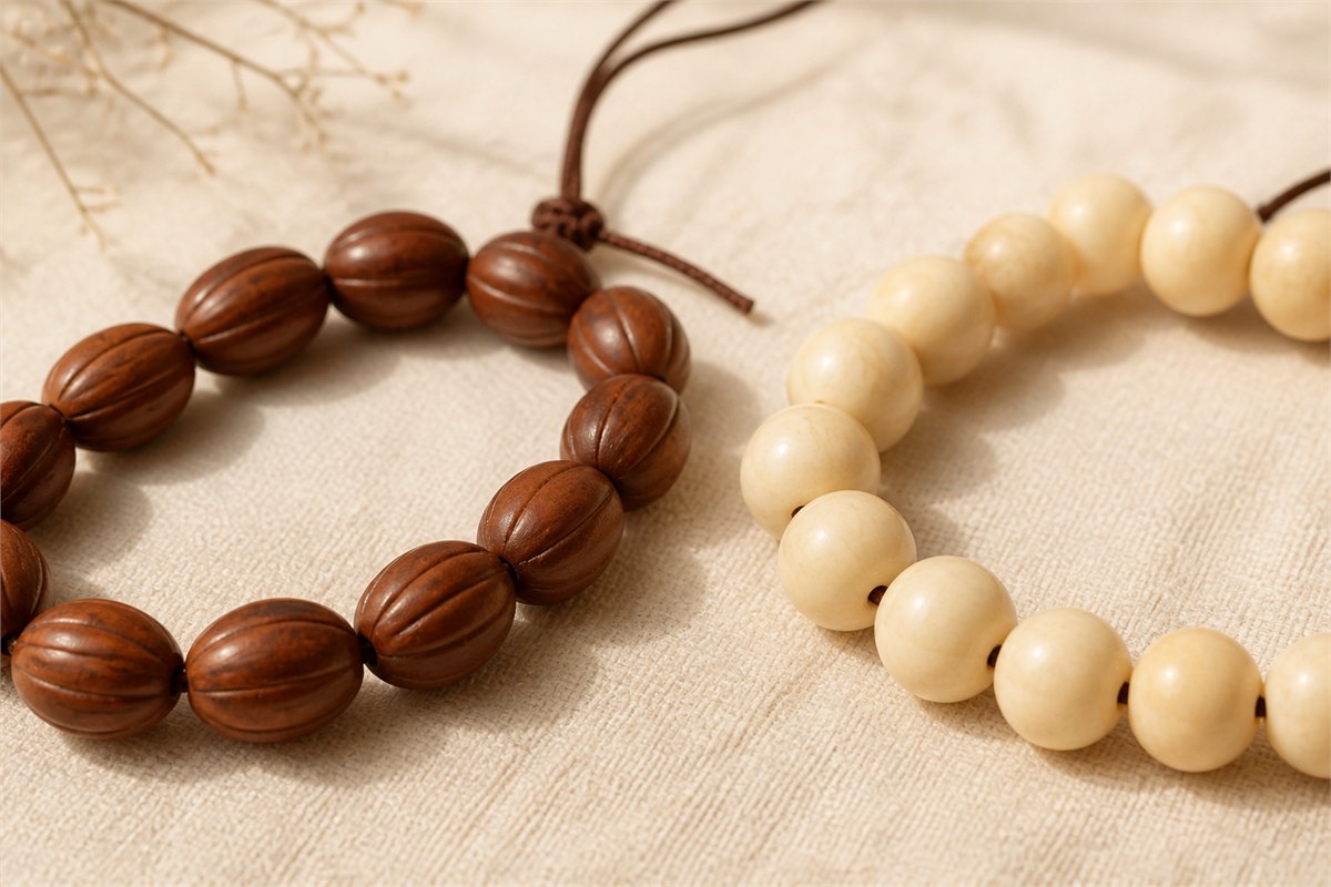 Brown eye-seamed Fengyan beads beside smooth pale Bodhi Root beads