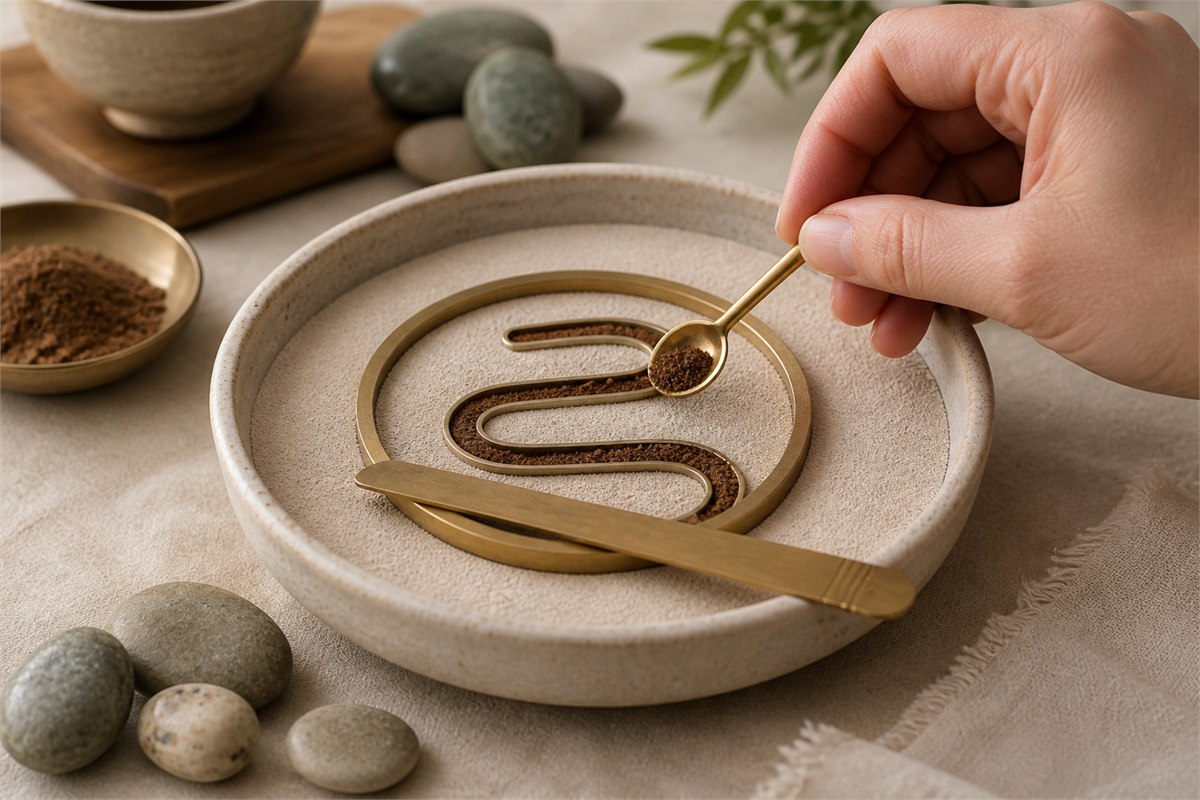 An adult hand gently scraping fine incense powder level inside a simple metal seal stencil