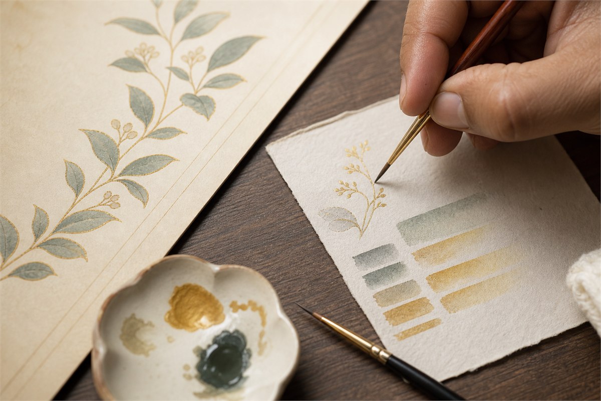 Artisan hand painting delicate botanical line tests and muted color swatches with a fine brush