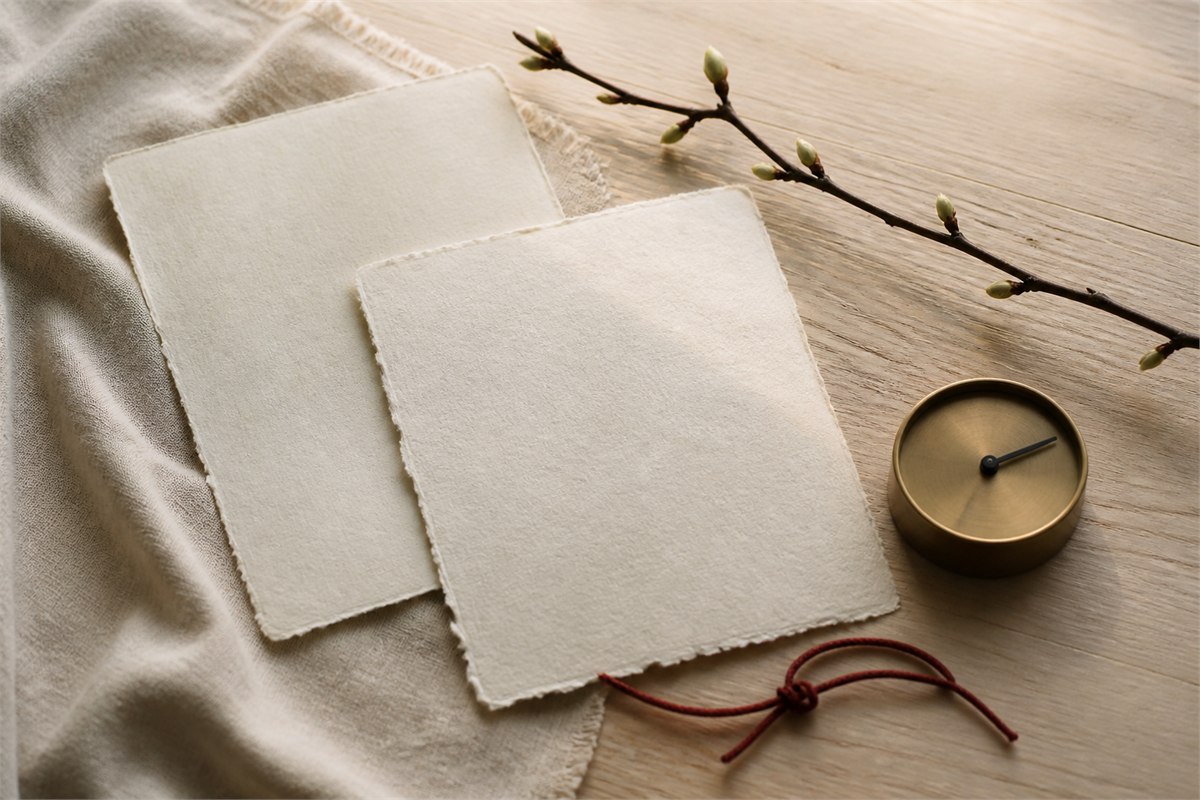 Two blank handmade-paper sheets, a brass clock, budding branch, and red cord on a light wood table