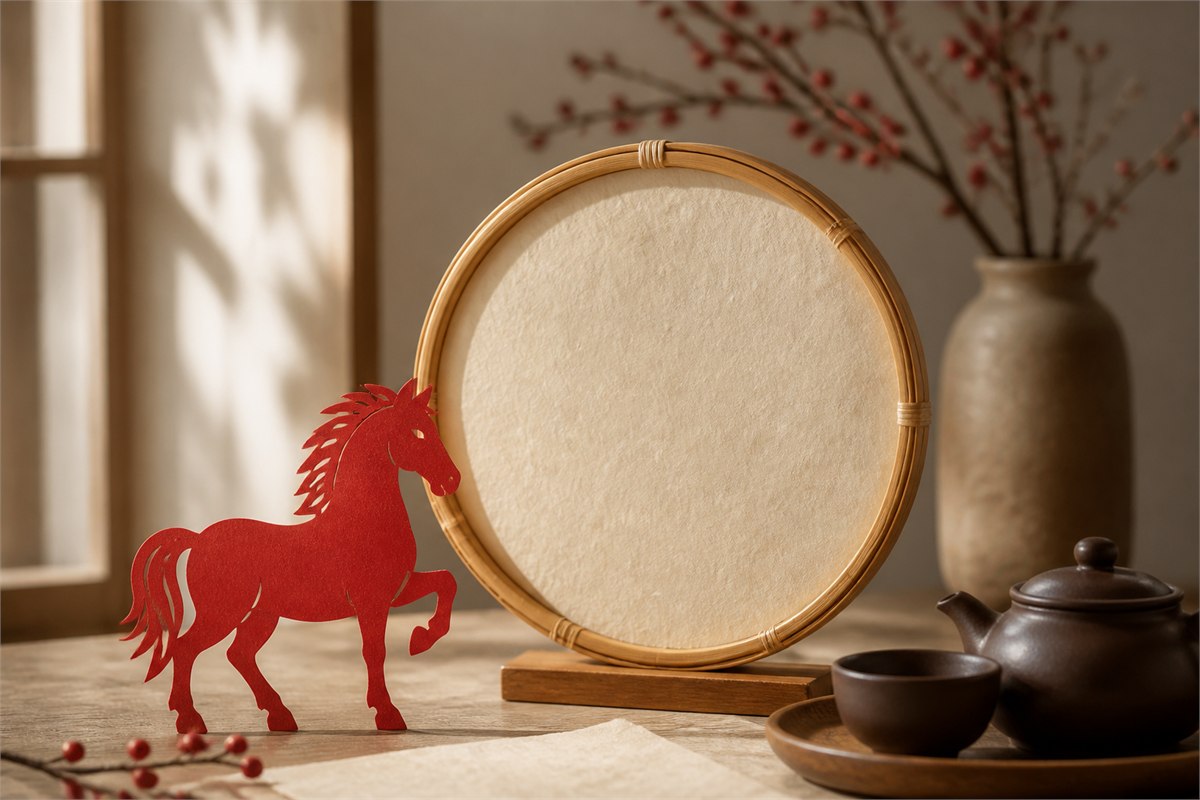 Matte red paper horse silhouette beside a round bamboo frame and ivory handmade paper