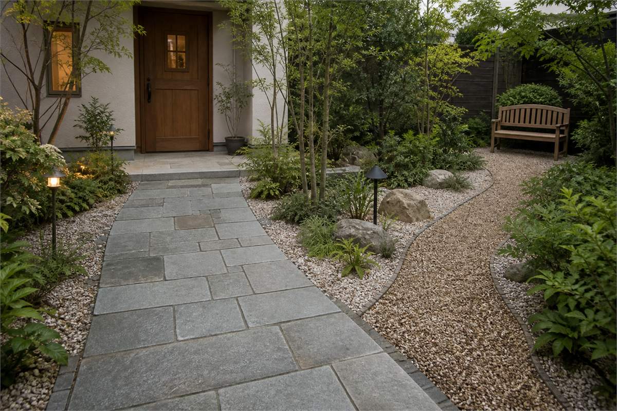 Firm paved route to a house beside a separate loose gravel garden path
